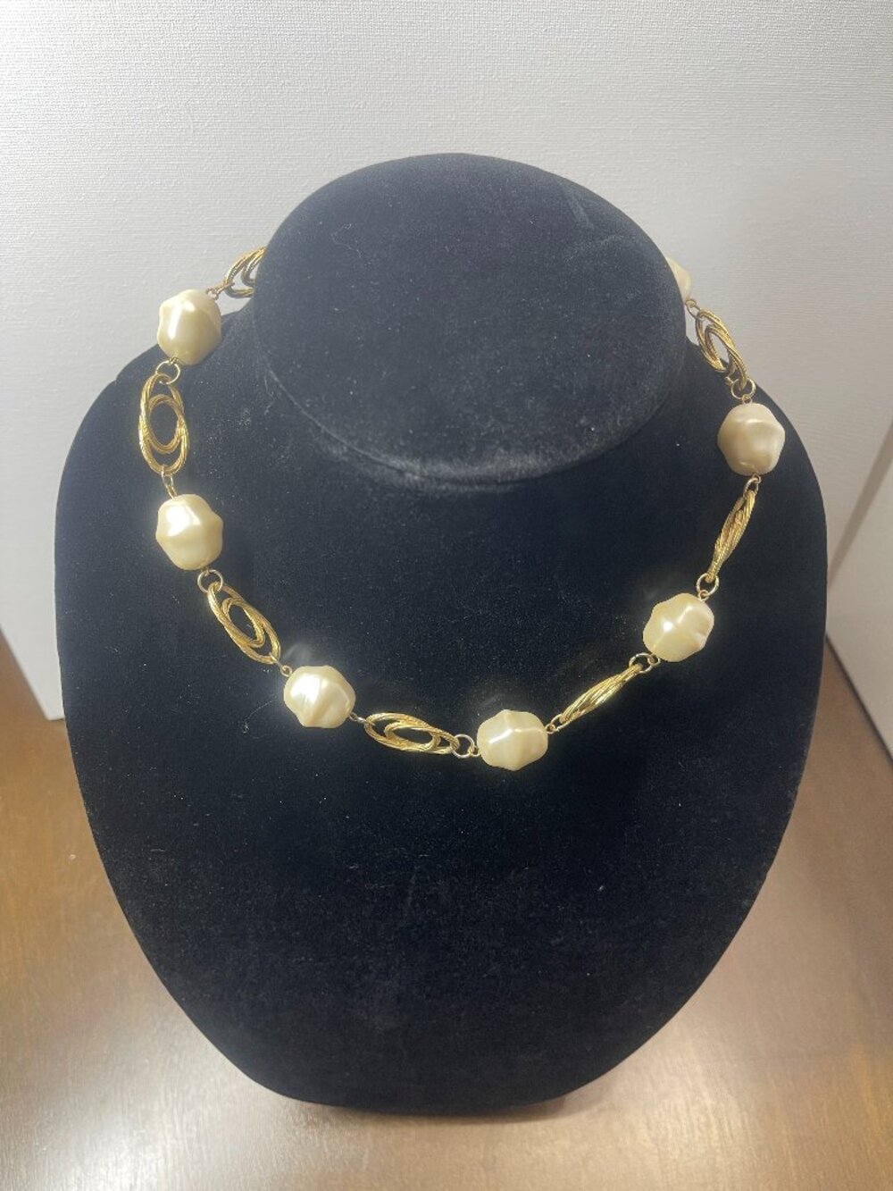 Faux Pearl and Gold Link Necklace - Statement Necklace